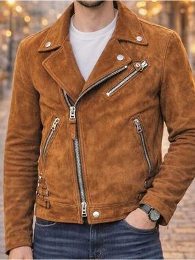 H&M Men's Brown Suede Biker Jacket